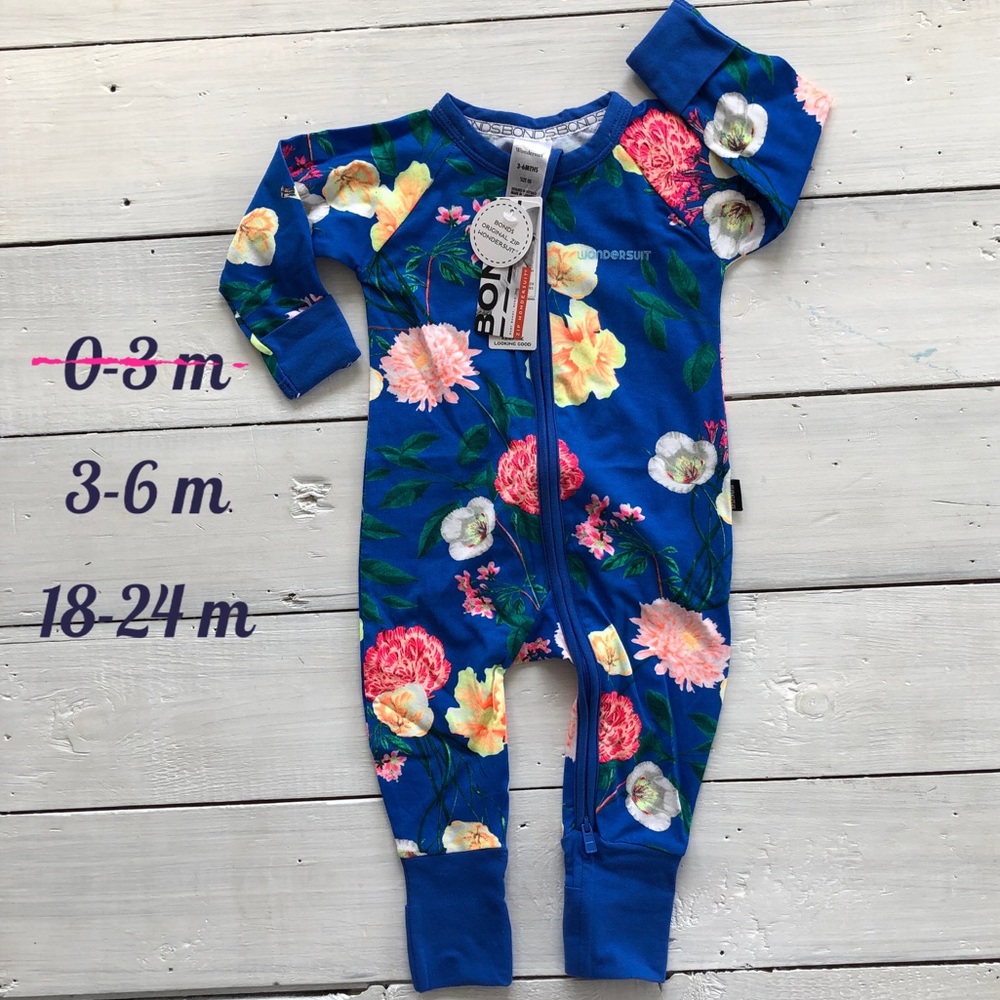 Bonds Wondersuit - royal blue floral zippy romper